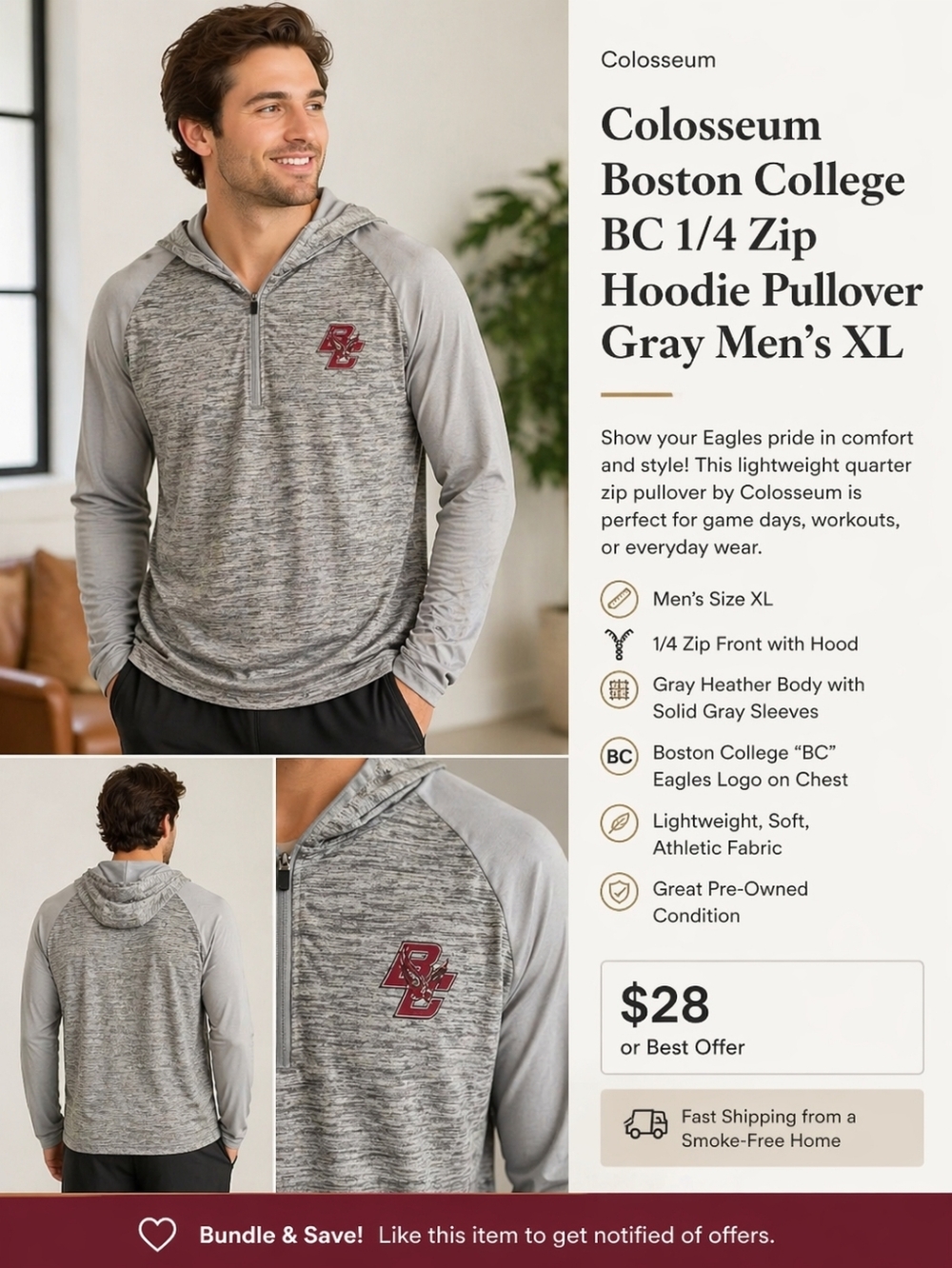 Colosseum Boston College Eagles BC Gray Quarter Zip Hooded Pullover Men’s XL